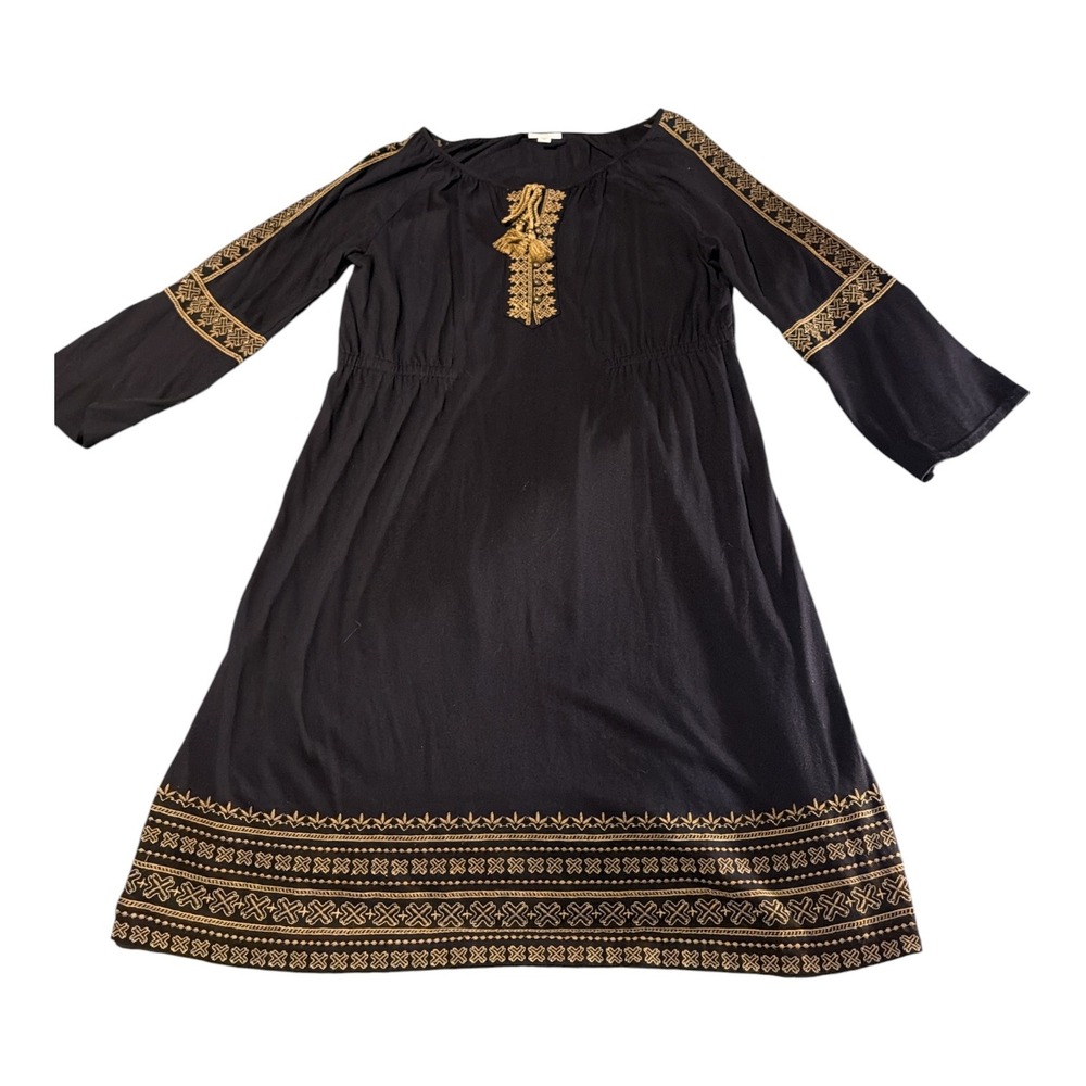 J. Jill Black Gold Embroidered Boho Tassel Peasant Dress 36" Length